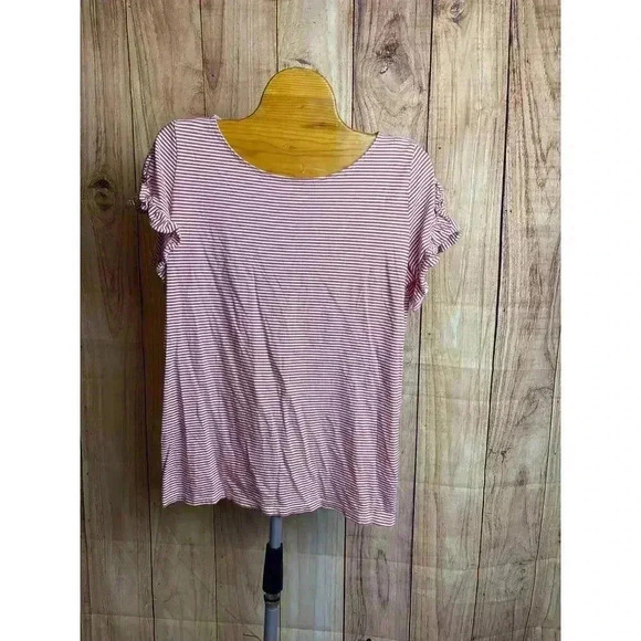 Loft White and Pink Striped Ruffle Short Sleeve Top Women's Size XS - Picture 1 of 4